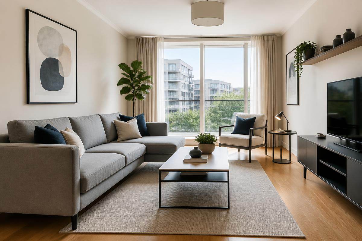 Sala de estar de apartamento moderno com acabamento em madeira e detalhes dourados