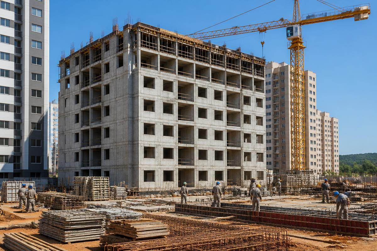 Engenheiro acompanhando obra de edifício residencial